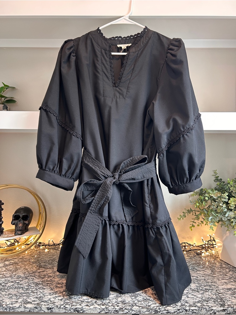 Entro | Black Puff-Sleeve Tie-Waist Mini Dress